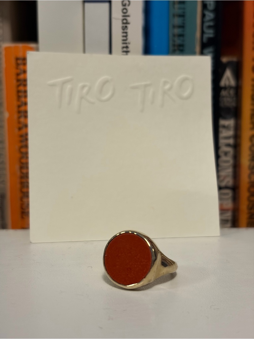 Gold-Tone Women's Signet Ring with Deep Orange Stone